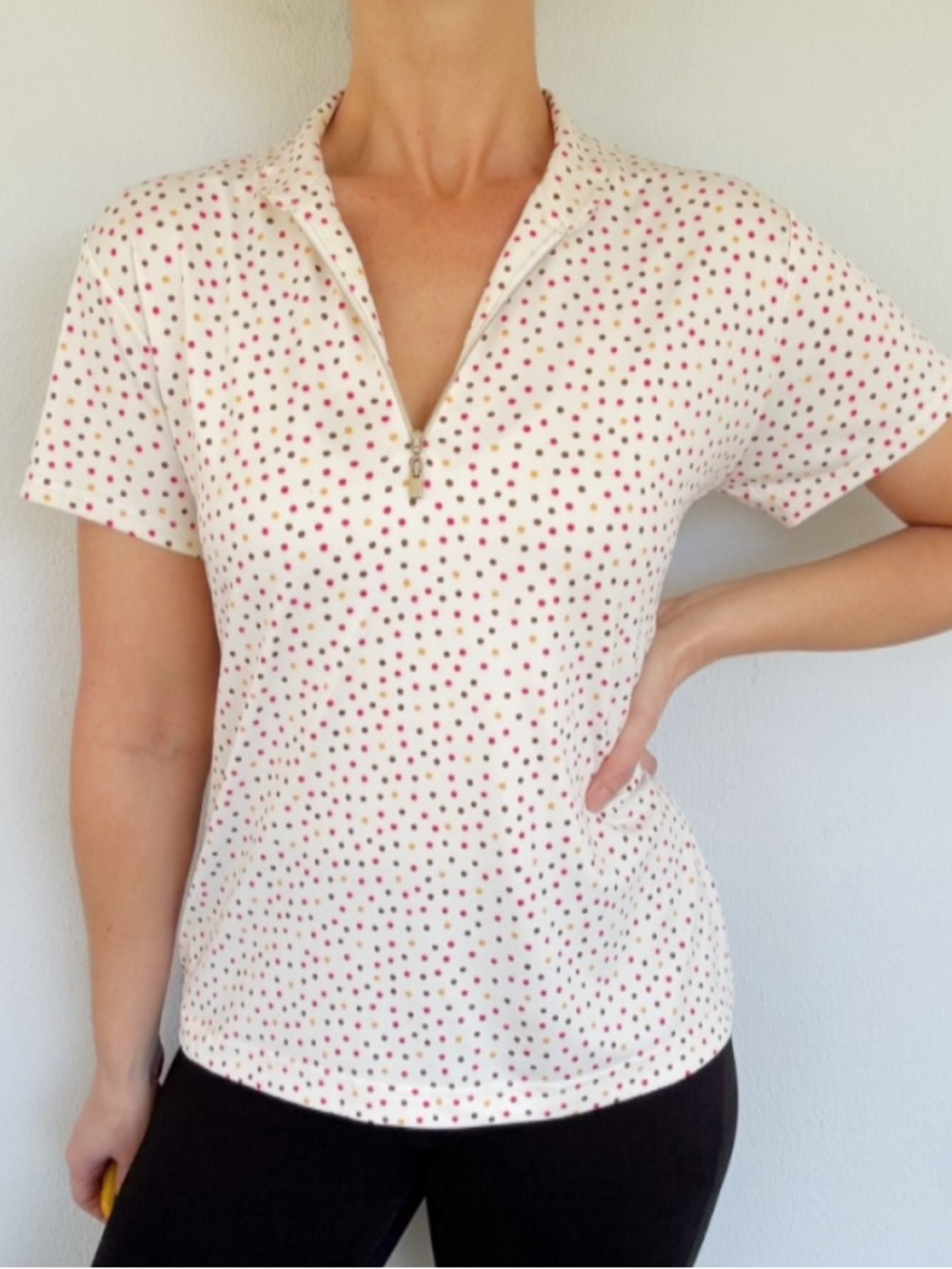 Sport Haley white pink confetti dot print quarter zip athletic top size medium